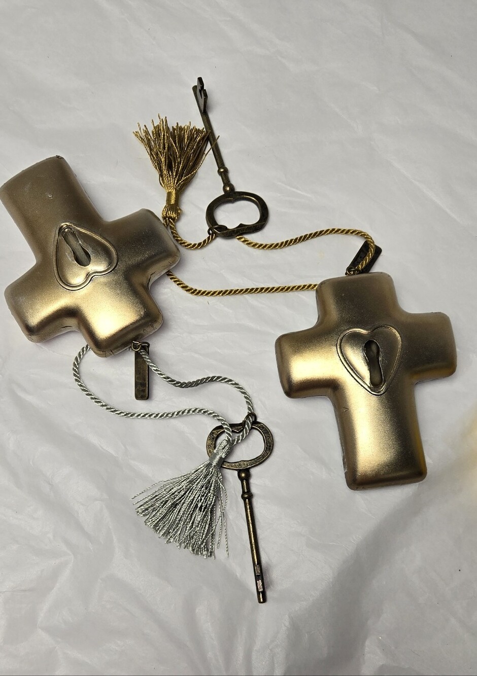 2 Metallic Gold Decorative Cross Wall Accent with Key & Tassel